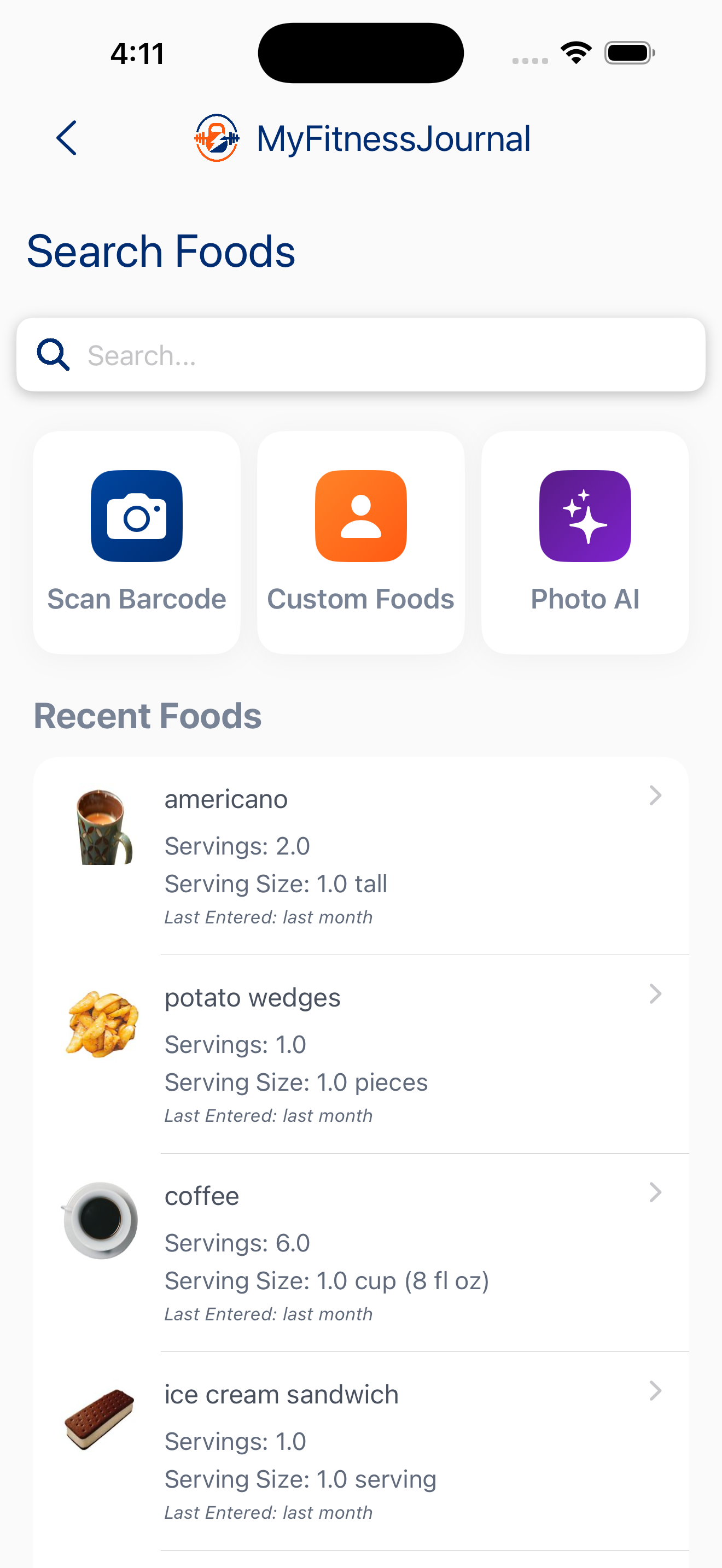 Food entry screen