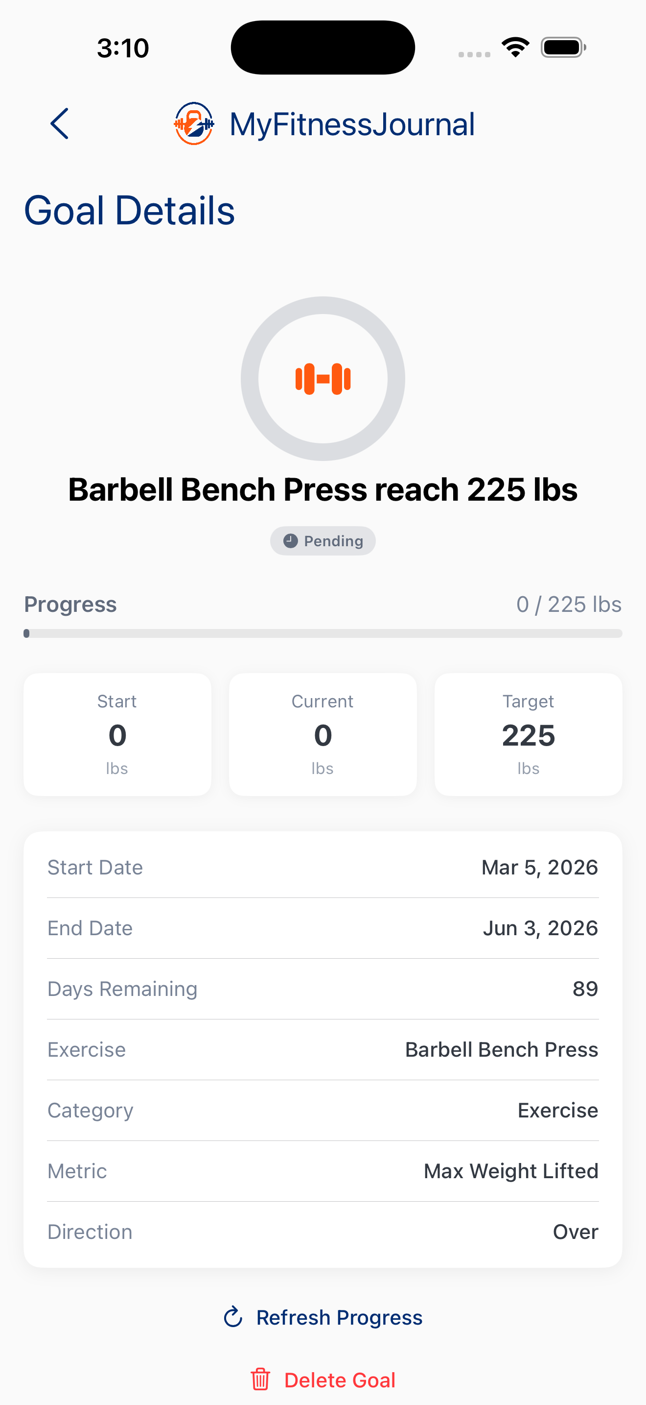 Goals screen