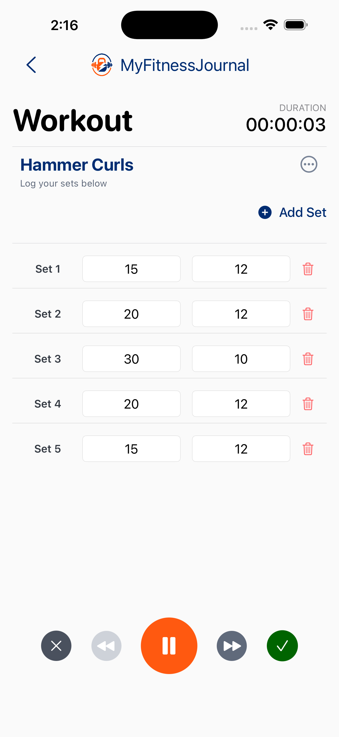 Live workout screen